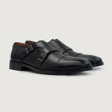 Boston Double Monk Strap Black Leather Shoes For Men in Black Full-Grain Leather - Lateral Side Profile View | Buy Online