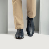 Tailored Rib Cuffs & Hem Craftsmanship Construction Detail on Director Wholecut Midnight Blue Leather Shoes For Men