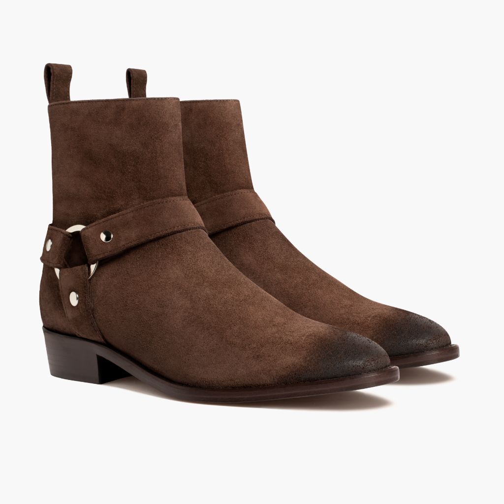 Harness Dunkelbraun Suede Lederstiefel für Herren in Dark Brown Goatskin Suede - Seitenansicht | Online Kaufen