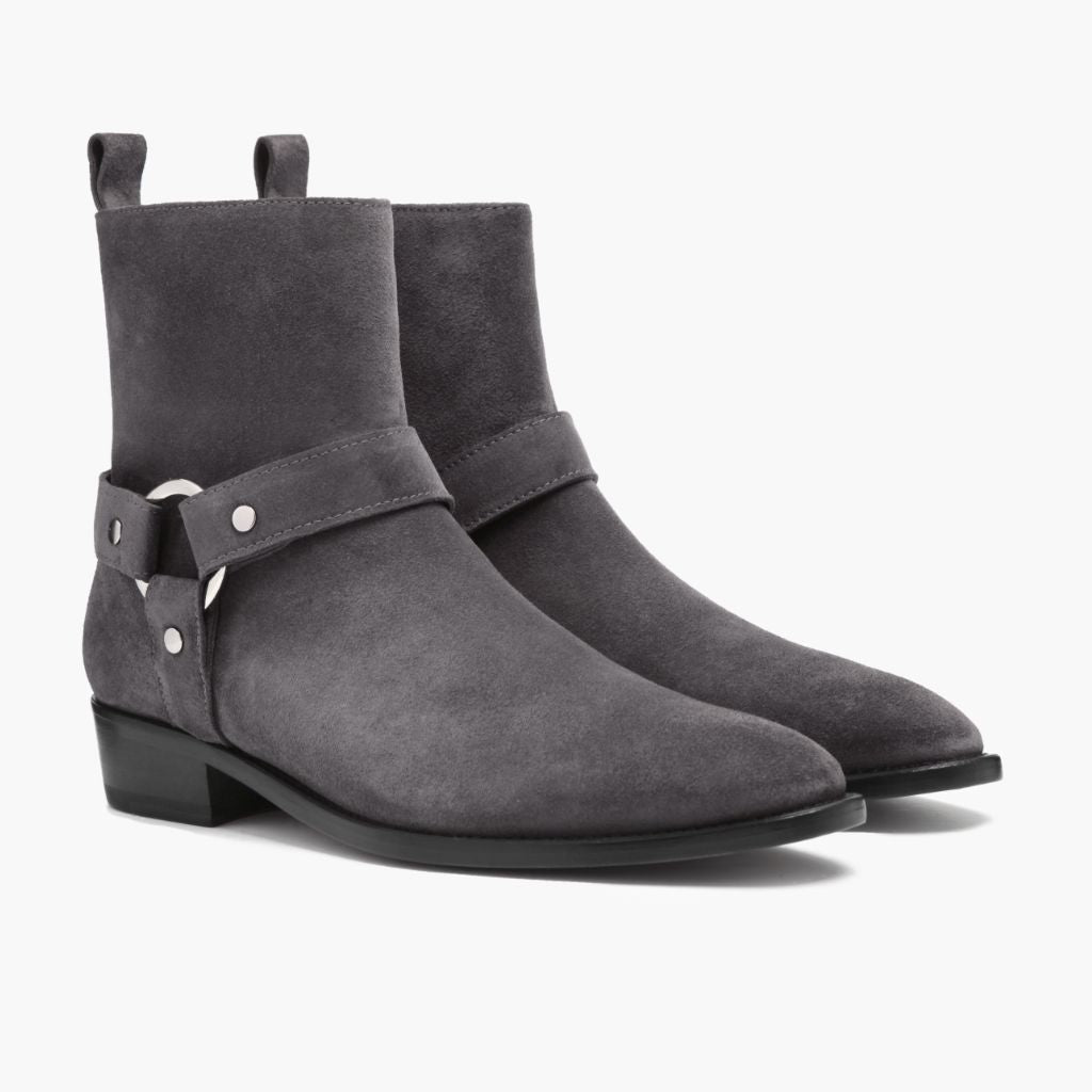 Harness Grau Suede Lederstiefel für Herren in Grey Goatskin Suede - Seitenansicht | Online Kaufen