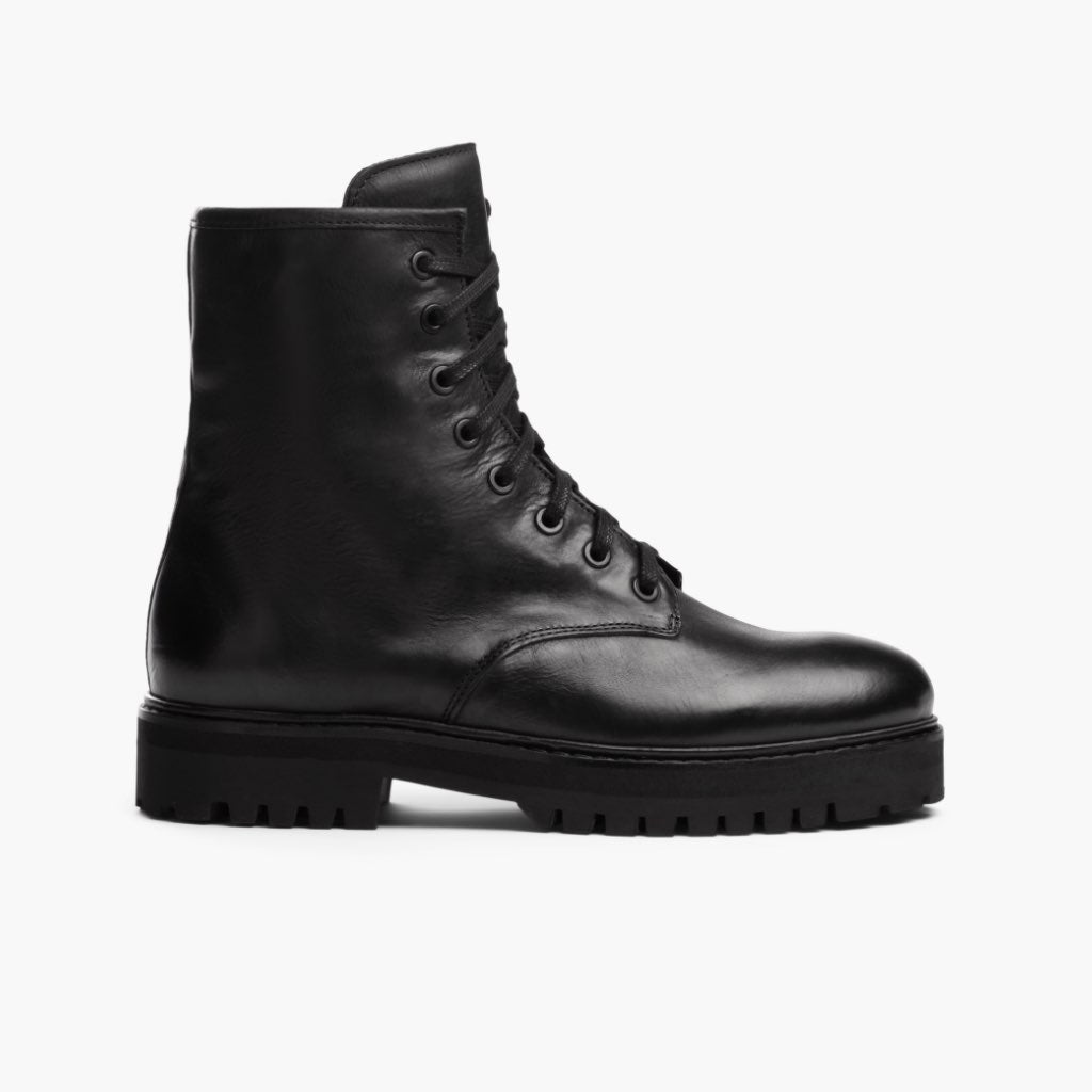 Combat Schwarz Lederstiefel für Damen in schwarzem Rindleder - Seitenansicht | Online Kaufen