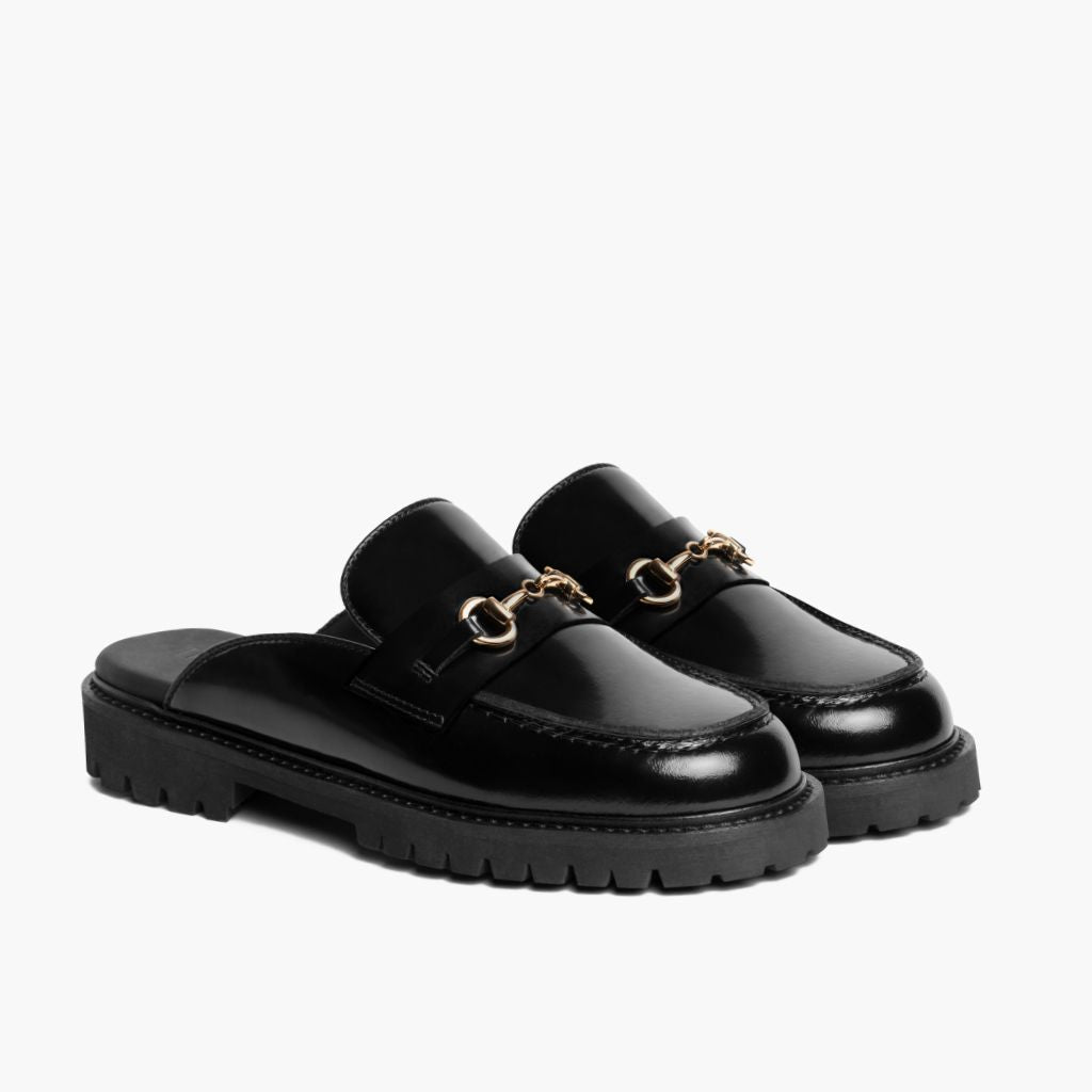 Penny Mule Schwarz & Gold Leder-Loafer für Damen in schwarzem Rindleder - Seitenansicht | Online Kaufen