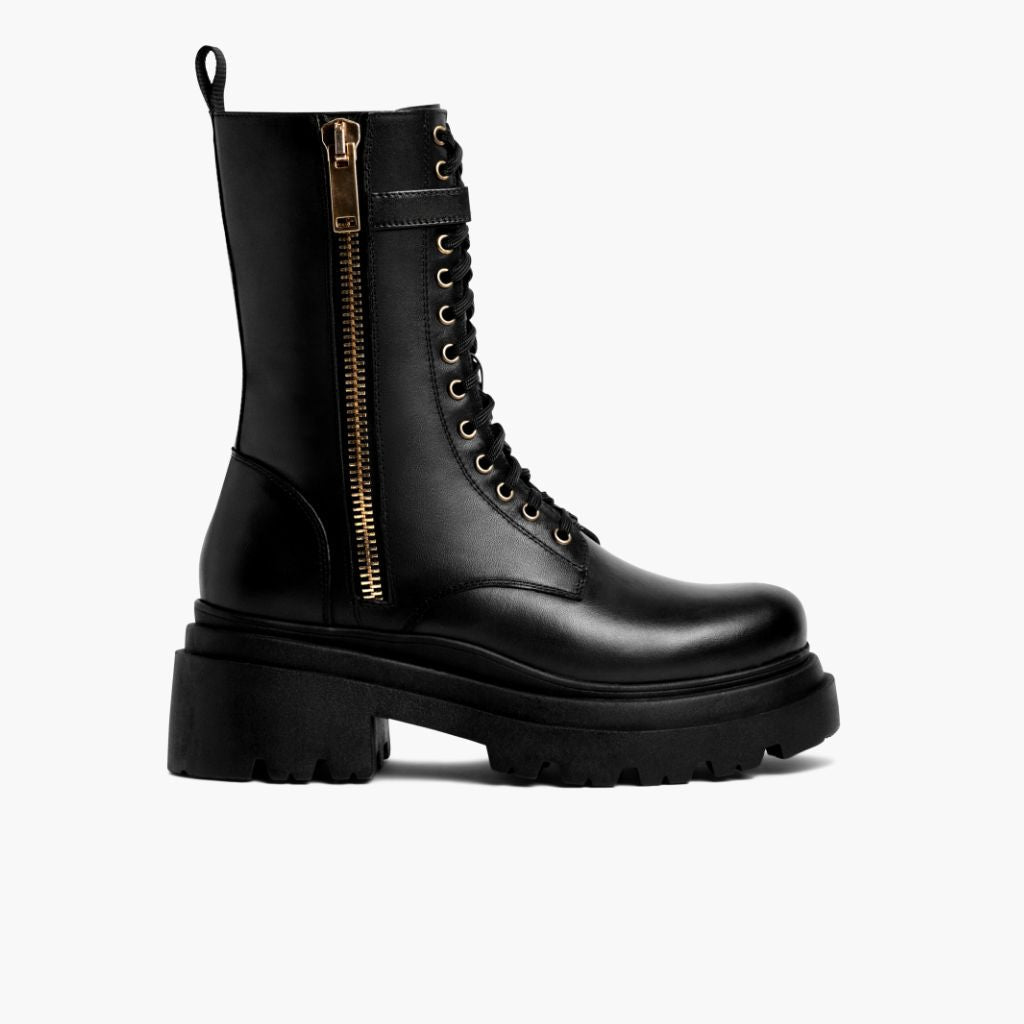 Fatale Schwarz & Gold Lederstiefel für Damen - Verstärkte Fersenkappe & präzise Doppelnaht