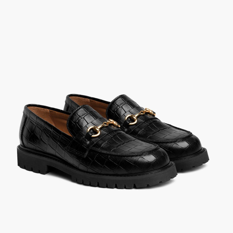 Penny Schwarz & Gold Croco Leather Loafers für Damen