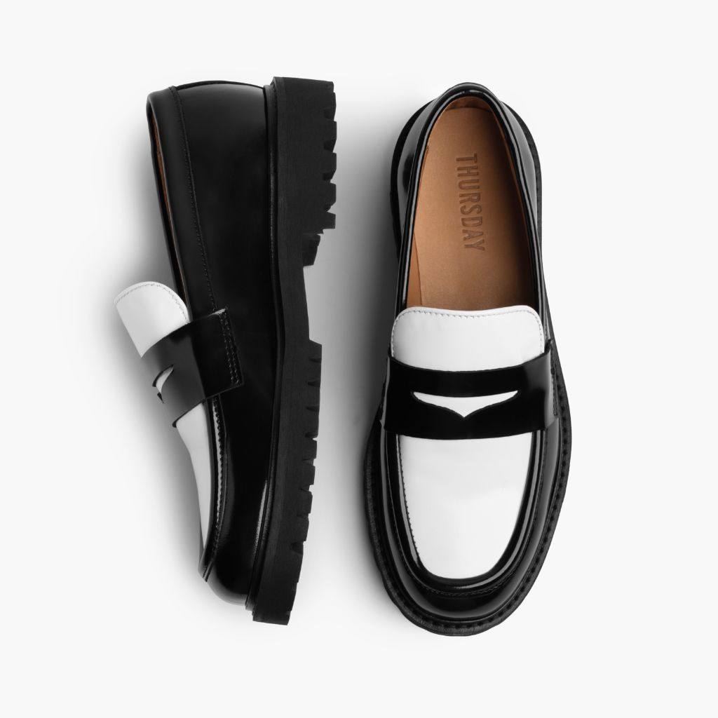 Penny Schwarz & Weiß Leder-Loafer für Damen - Verstärkte Fersenkappe & präzise Doppelnaht