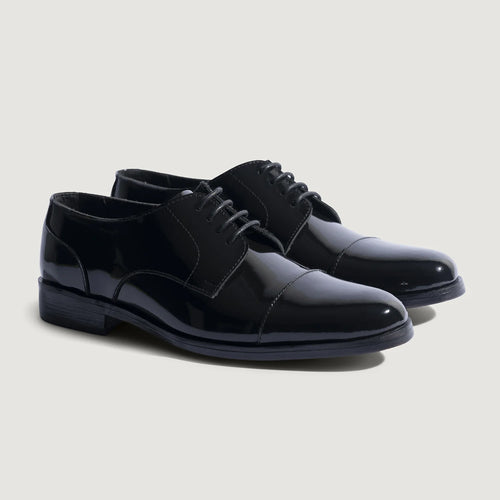 Attorney Derby Black Patent Leather Shoes For Men in Patent Black Full-Grain Leather - Lateral Side Profile View | Buy Online