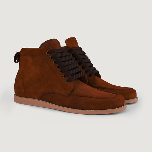 Bearman Moc Toe Brown Suede Boots in Brown Goatskin Suede - Lateral Side Profile View | Buy Online