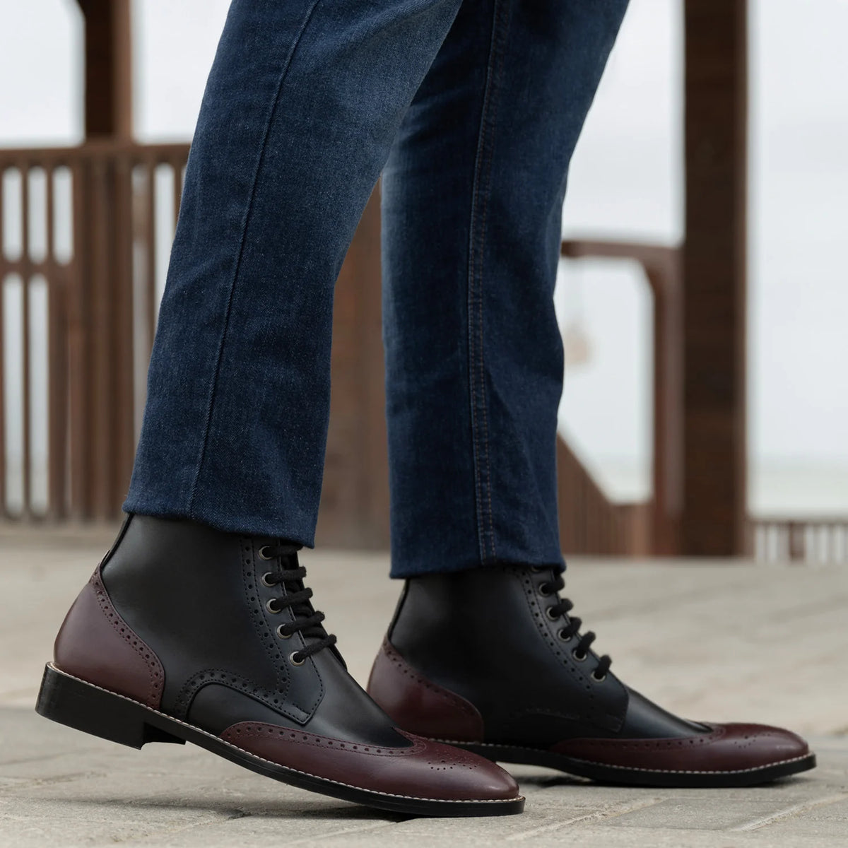 Tailored Rib Cuffs & Hem Craftsmanship Construction Detail on Duster Brogues Derby Maroon Black Leather Boots StudGuard For Men