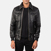 Men's Aaron Distressed Black Leather Bomber Jacket in Black Cowhide Leather - Vorderansicht &amp; maßgeschneiderte Silhouette | Online Kaufen