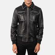 Detailansicht of High Neck &amp; Zipper Hardware on Men's Aaron Distressed Black Leather Bomber Jacket