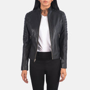 Women's Adalyn Gesteppt Schwarz Leder-Bikerjacke für Damen in Black Sheepskin Leather - Vorderansicht &amp; maßgeschneiderte Silhouette | Online Kaufen