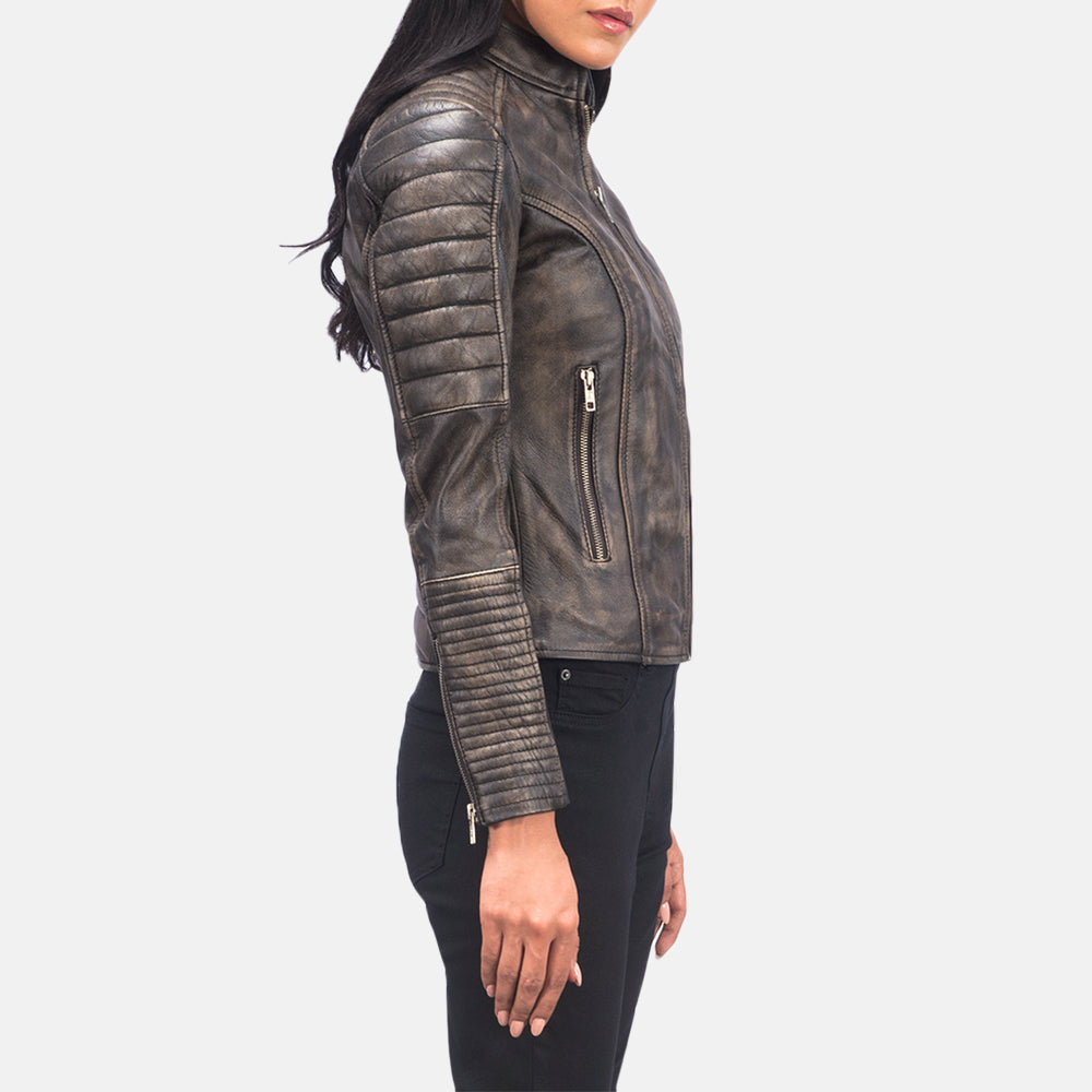 
Adalyn Gesteppt Vintage-Braun Leder-Bikerjacke für Damen - Rückansicht mit passgenauen Schultern & sauberem Saum