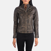 
Detailansicht of Band & Zipper Hardware on Adalyn Gesteppt Vintage-Braun Leder-Bikerjacke für Damen