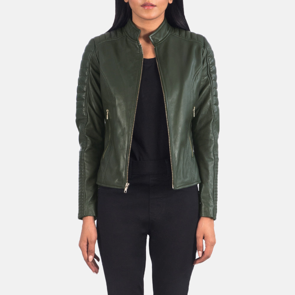 
Adalyn Gesteppt Grün Leder-Bikerjacke für Damen in Green Sheepskin Leather - Vorderansicht & maßgeschneiderte Silhouette | Online Kaufen