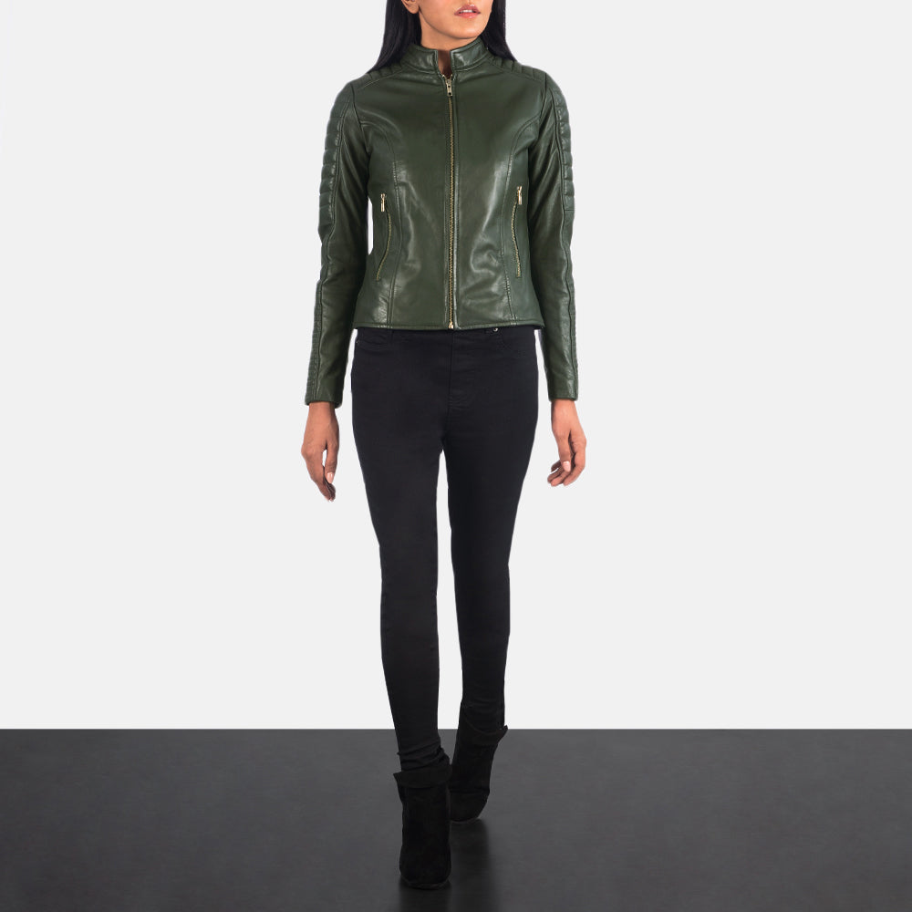 
Adalyn Gesteppt Grün Leder-Bikerjacke für Damen - Seitenansicht mit ergonomischem Ärmelschnitt & sportlicher Passform