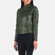 
Detailansicht of Band & Zipper Hardware on Adalyn Gesteppt Grün Leder-Bikerjacke für Damen