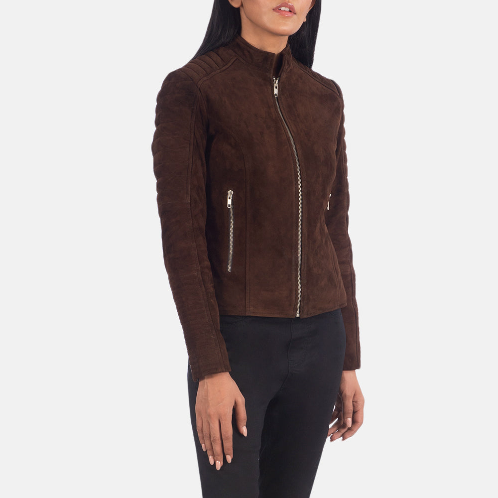 Mocha Brown Goatskin Suede Biker Jacket - Rückansicht mit passgenauen Schultern &amp; sauberem Saum