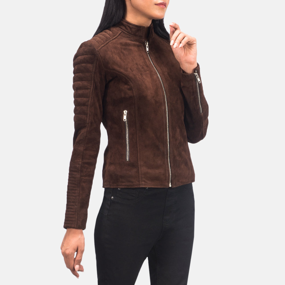 Women's Adalyn Gesteppt Mocha Suede Leder-Bikerjacke für Damen - Seitenansicht mit ergonomischem Ärmelschnitt