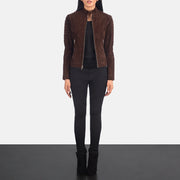 Detailansicht of Band &amp; Zipper Hardware on Women's Adalyn Gesteppt Mocha Suede Leder-Bikerjacke für Damen