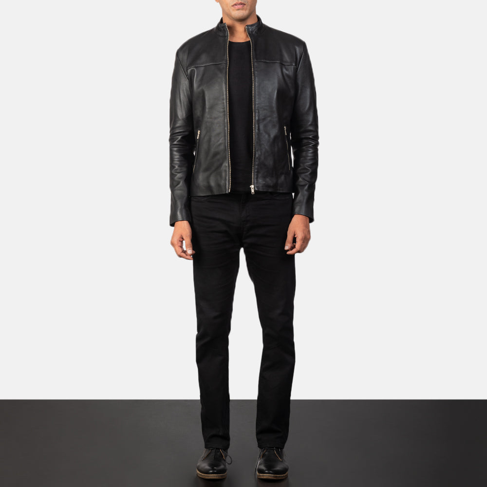 Detailansicht of Band &amp; Zipper Hardware on Men's Adornica Schwarz Leder-Bikerjacke für Herren