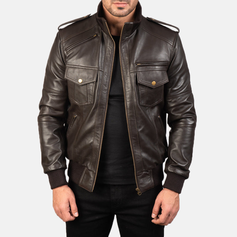 Men's Agent Shadow Brown Leather Bomber Jacket in Brown Sheepskin Leather - Front Profile View & Tailored Silhouette | Buy Online