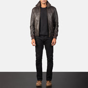 
Detailansicht of Rib Knit & Zipper Hardware on Air Rolf Mocha Brown Leather Bomber Jacket