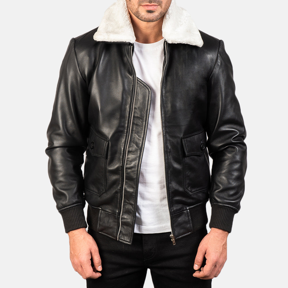 
Airin G-1 Black & White Leather Bomber Jacket in Black Sheepskin Leather - Vorderansicht & maßgeschneiderte Silhouette | Online Kaufen