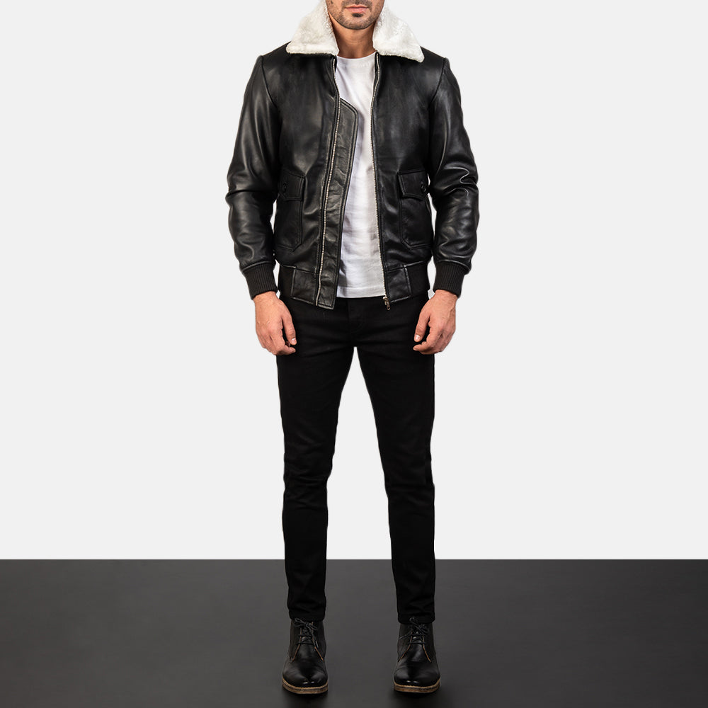 
Airin G-1 Black & White Leather Bomber Jacket - Seitenansicht mit ergonomischem Ärmelschnitt & sportlicher Passform