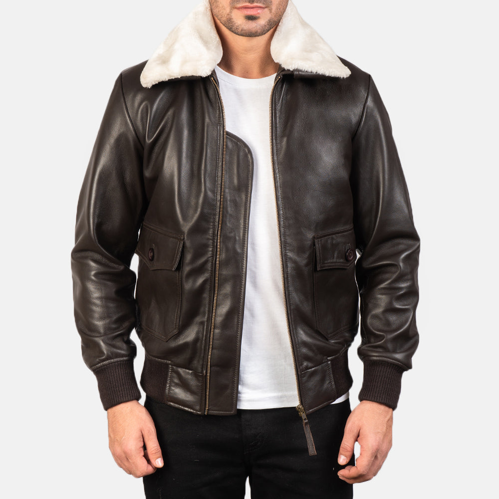 Men's Airin G-1 Braun Leder-Bomberjacke für Herren in Brown Sheepskin Leather - Vorderansicht &amp; maßgeschneiderte Silhouette | Online Kaufen