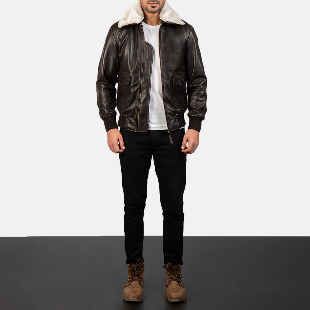 Men's Airin G-1 Braun Leder-Bomberjacke für Herren - Seitenansicht mit ergonomischem Ärmelschnitt