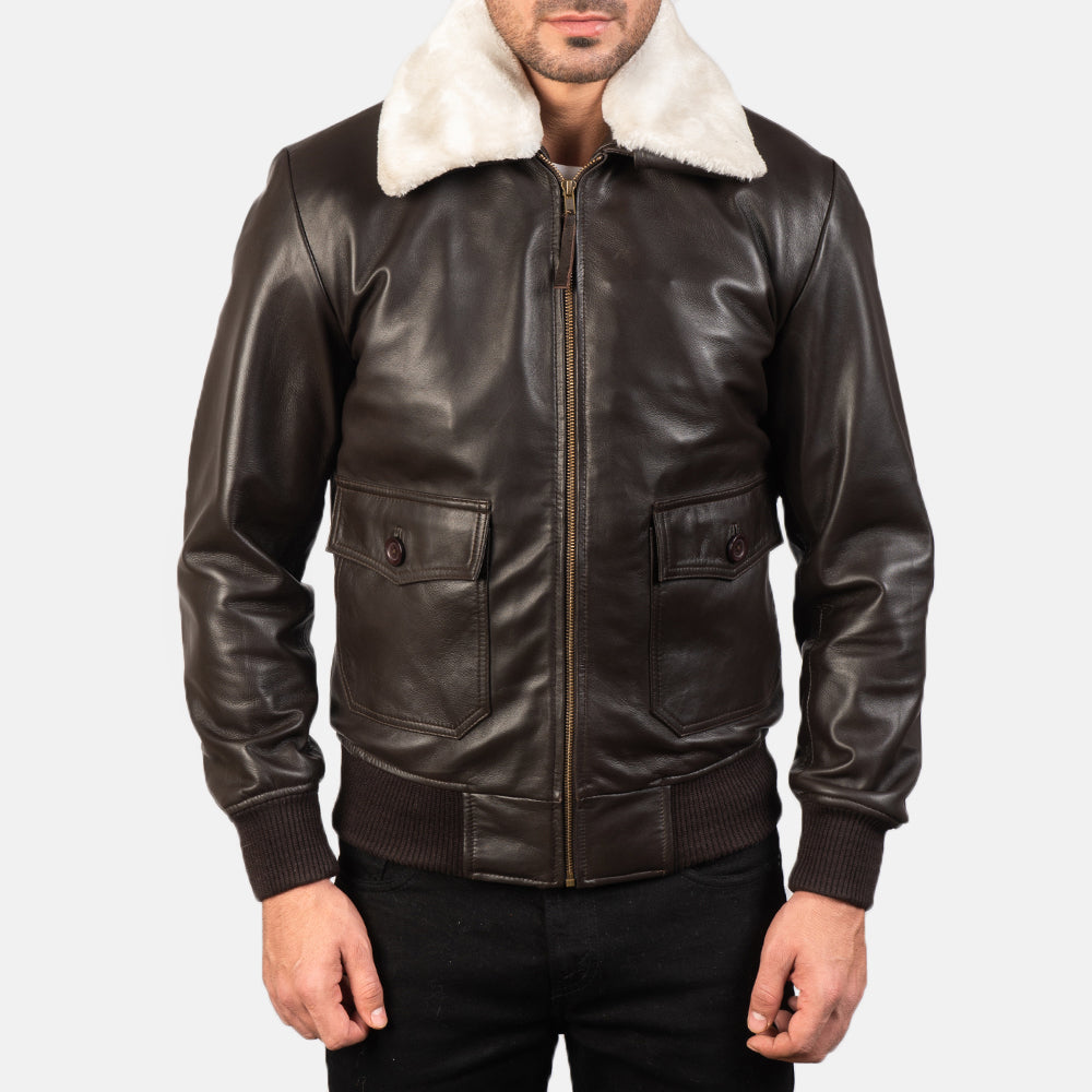 Detailansicht of Shirt with Removable Fur &amp; Zipper Hardware on Men's Airin G-1 Braun Leder-Bomberjacke für Herren