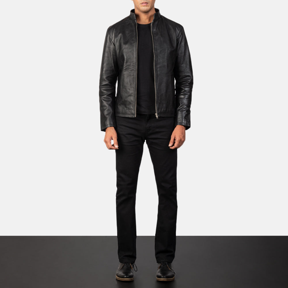 Detailansicht of Band &amp; Zipper Hardware on Men's Alex Black Leather Biker Jacket