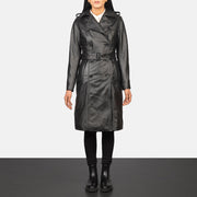 Women's Alice Black Double Breasted Leather Coat in Black Cowhide Leather - Vorderansicht &amp; maßgeschneiderte Silhouette | Online Kaufen