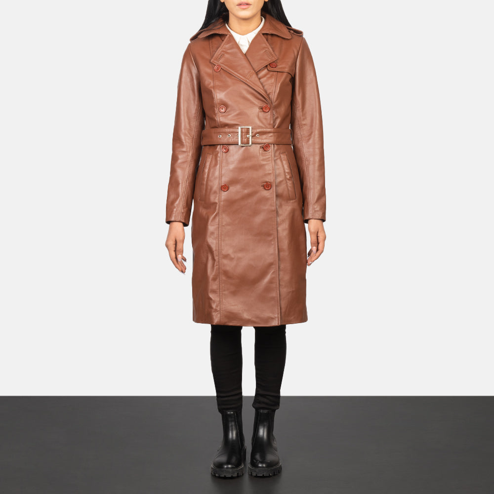 Women's Alice Braun Double Breasted Ledermantel für Damen in Black Cowhide Leather - Vorderansicht &amp; maßgeschneiderte Silhouette | Online Kaufen