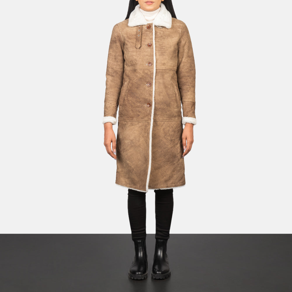 Women's Alina Shearling Braun Ledermantel für Damen - Seitenansicht mit ergonomischem Ärmelschnitt