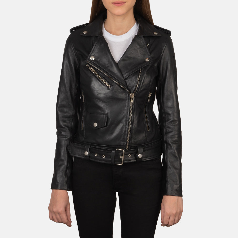 Women's Alison Schwarz Leder-Bikerjacke für Damen in Black Cowhide Leather - Vorderansicht &amp; maßgeschneiderte Silhouette | Online Kaufen