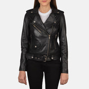 Women's Alison Schwarz Leder-Bikerjacke für Damen in Black Cowhide Leather - Vorderansicht &amp; maßgeschneiderte Silhouette | Online Kaufen