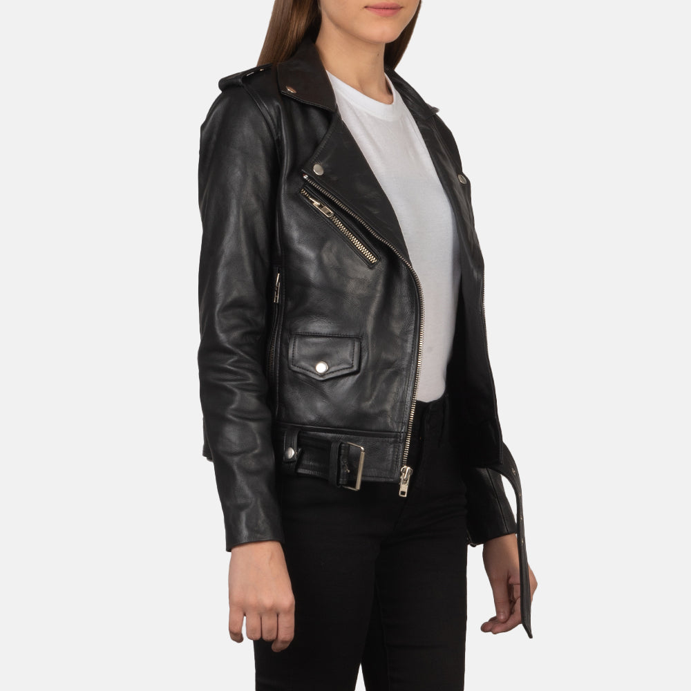 Black Cowhide Leather Biker Jacket - Rückansicht mit passgenauen Schultern &amp; sauberem Saum