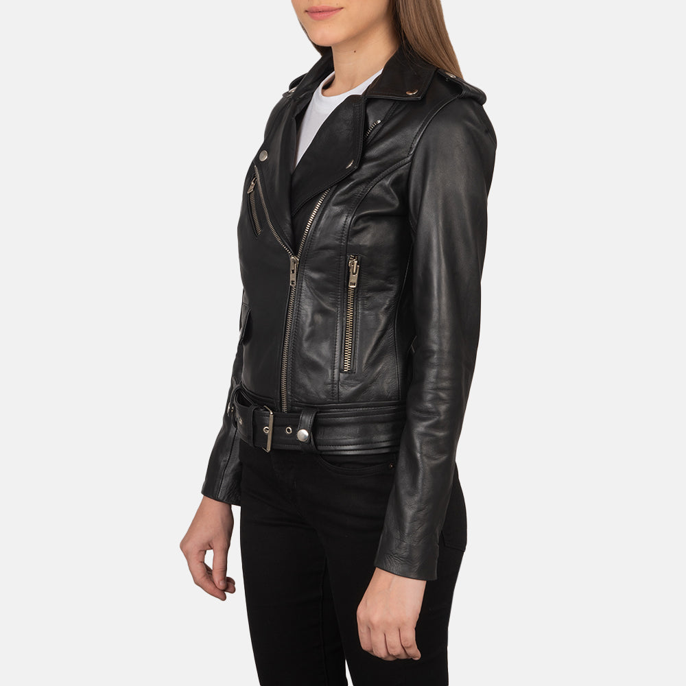 Detailansicht of Notch &amp; Zipper Hardware on Women's Alison Schwarz Leder-Bikerjacke für Damen