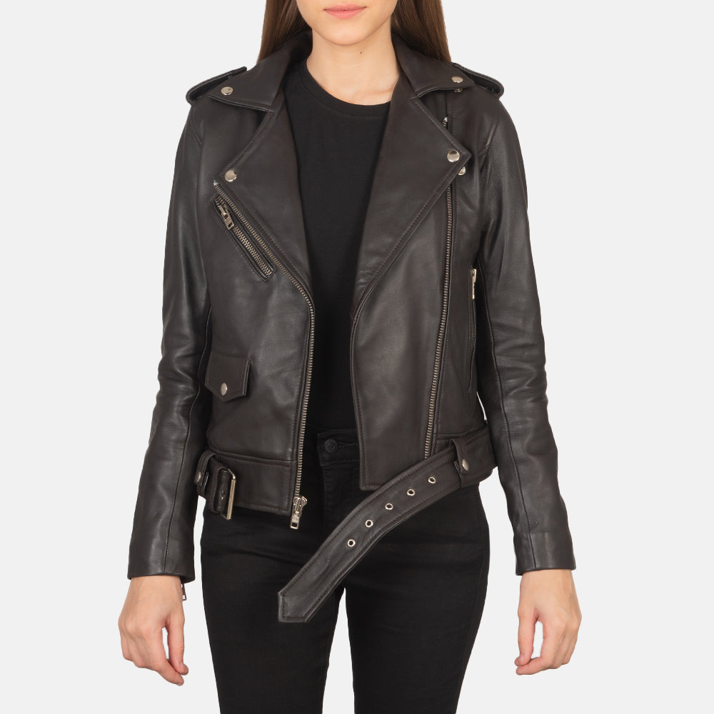 Women's Alison Braun Leder-Bikerjacke für Damen in Brown Sheepskin Leather - Vorderansicht &amp; maßgeschneiderte Silhouette | Online Kaufen