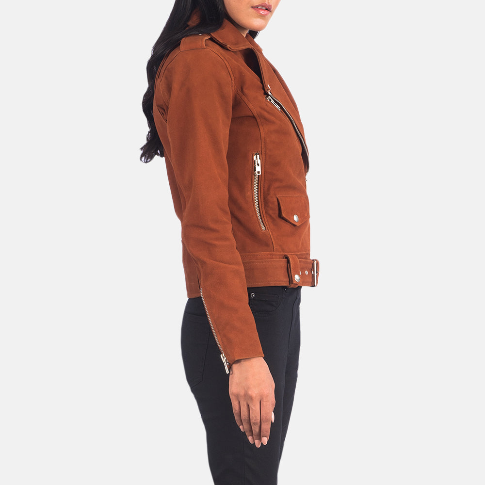 Brown Goatskin Suede Biker Jacket - Rückansicht mit passgenauen Schultern &amp; sauberem Saum