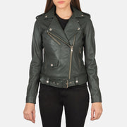 Detailansicht of Notch &amp; Zipper Hardware on Women's Alison Grün Leder-Bikerjacke für Damen