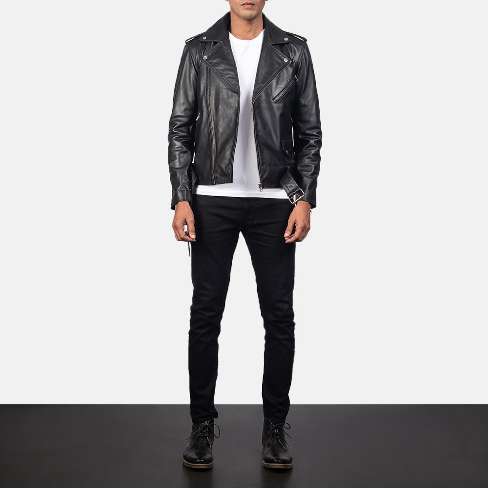 Men's Allaric Alley Black Leather Biker Jacket - Lateral Side Profile View Showing Sleeve Cut & Athletic Taper Fit