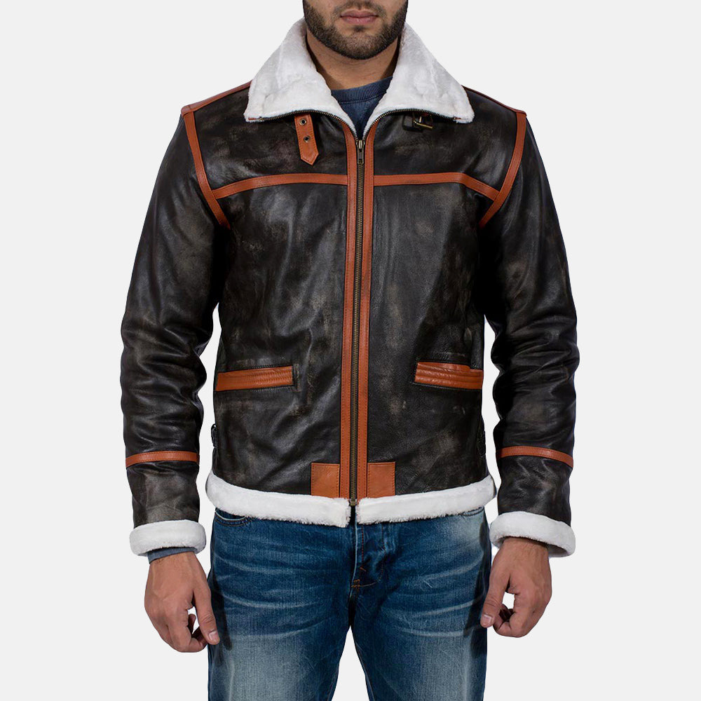 
Alpine Braun Fur Lederjacke für Herren in Distressed Brown Goatskin Leather - Vorderansicht & maßgeschneiderte Silhouette | Online Kaufen