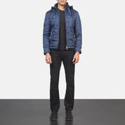 Detailansicht of High neck with Belt &amp; Zipper Hardware on Men's Alps Quilted Blue Windbreaker Jacket