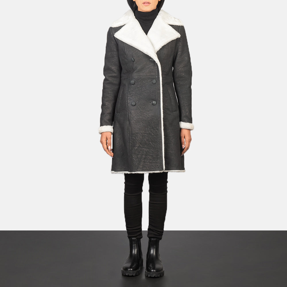Women's Amie Black Double Breasted Shearling Coat in Black Sheepskin Snuffed - Vorderansicht &amp; maßgeschneiderte Silhouette | Online Kaufen