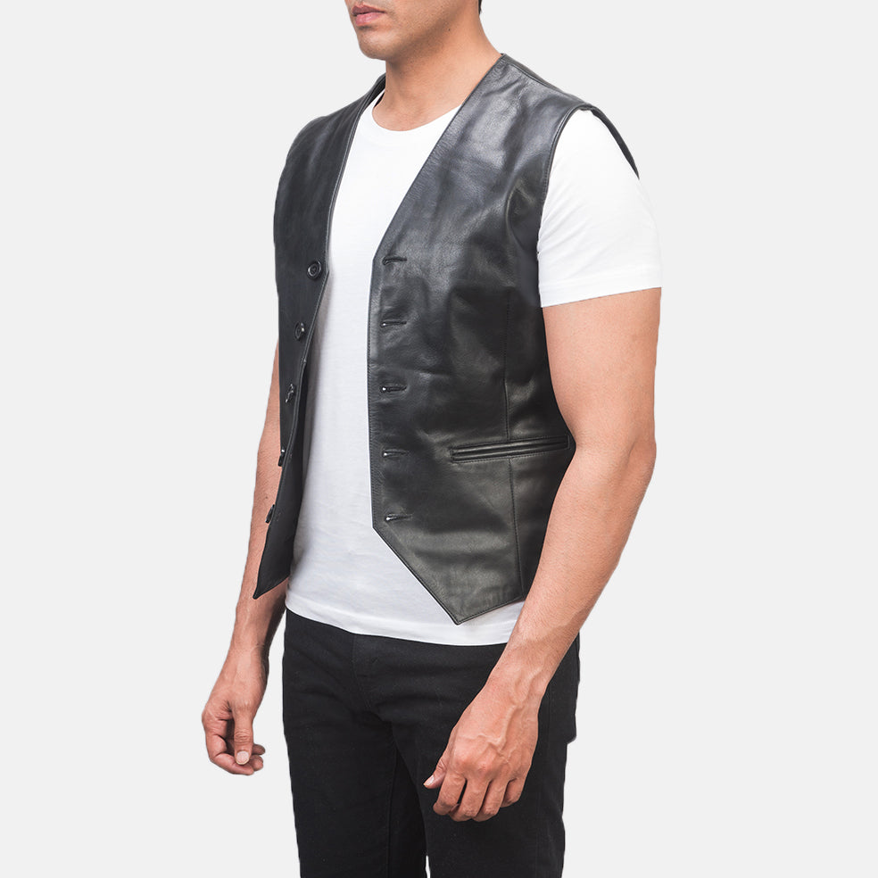 Black Cowhide leather Vest - Rückansicht mit passgenauen Schultern &amp; sauberem Saum