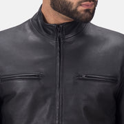
Detailansicht of High neck & Zipper Hardware on Austere Matte Schwarz Leder-Bikerjacke für Herren