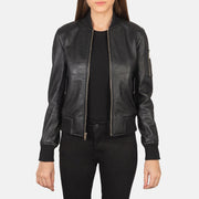 Women's Ava Ma-1 Black Leather Bomber Jacket in Black Sheepskin Leather - Vorderansicht &amp; maßgeschneiderte Silhouette | Online Kaufen