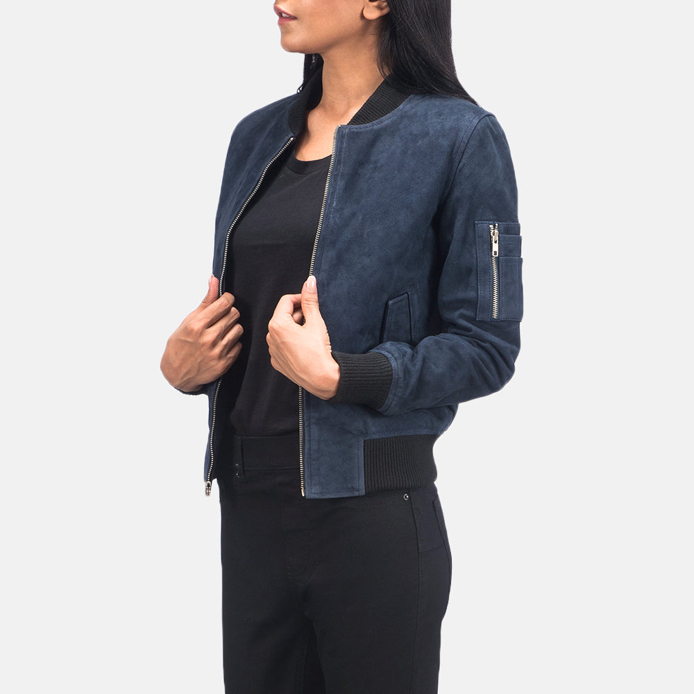 Blue Sheepskin Suede Bomber Jacket - Rückansicht mit passgenauen Schultern &amp; sauberem Saum